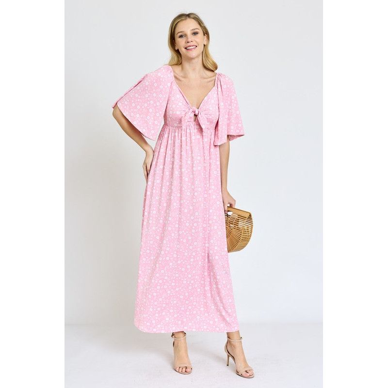 EG FASHION Floral Angel Sleeve Front Tie Maxi Dress