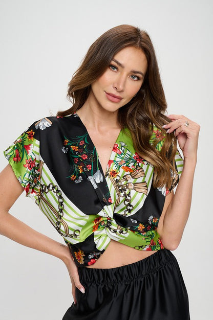 RENEE C. Print Satin Short Sleeve Top with Front Twist