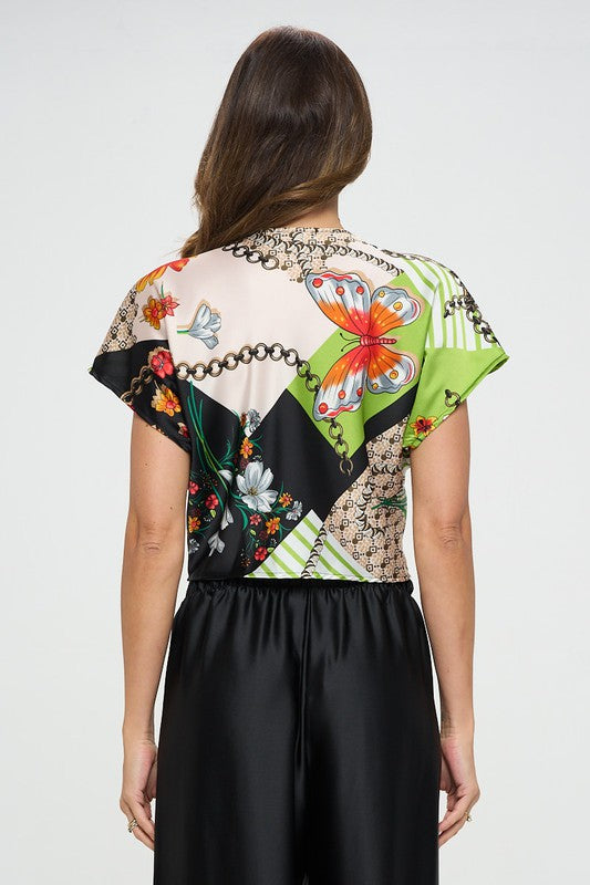 RENEE C. Print Satin Short Sleeve Top with Front Twist