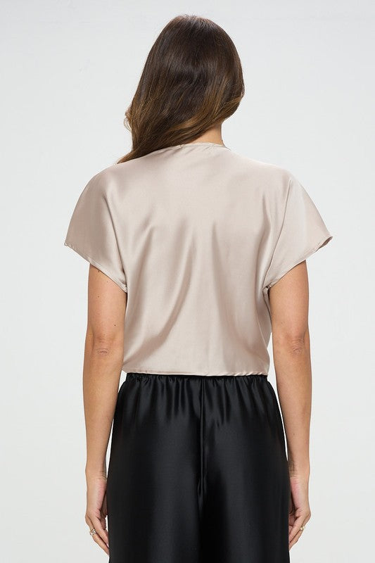 RENEE C. Satin Short Sleeve Top with Front Twist