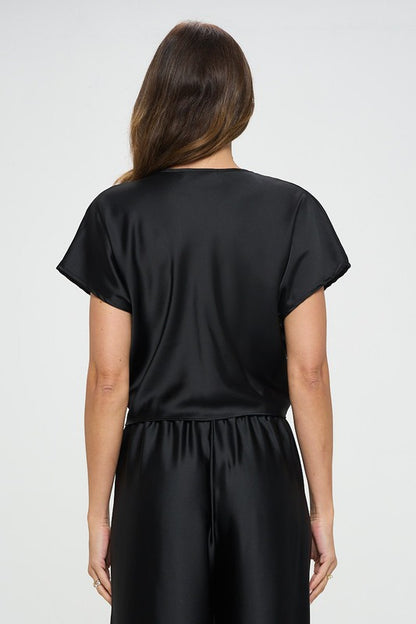 RENEE C. Satin Short Sleeve Top with Front Twist