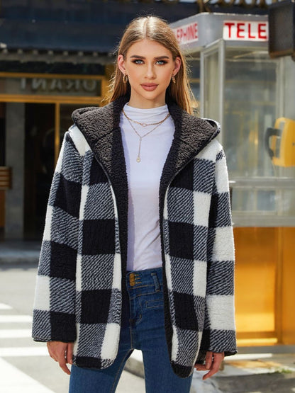 Plaid Two-Side Wear Hooded Coat