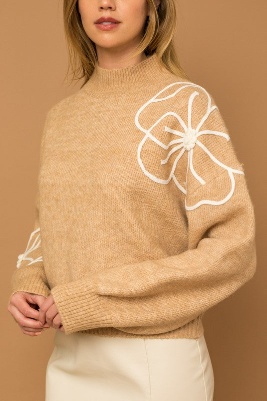 GILLI Flower Embroidery Mock Neck Sweater