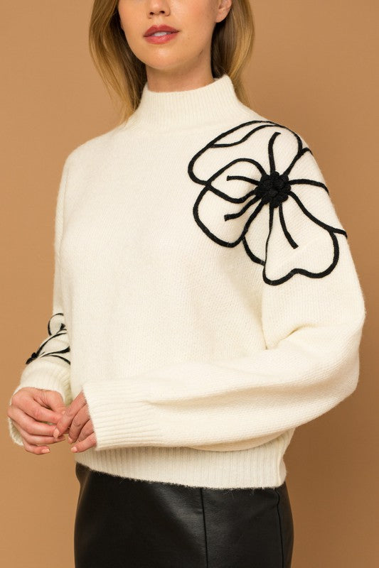 GILLI Flower Embroidery Mock Neck Sweater