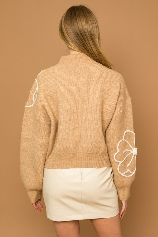 GILLI Flower Embroidery Mock Neck Sweater