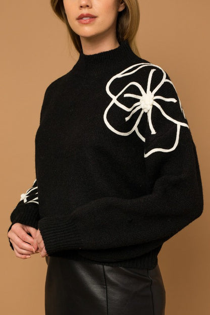 GILLI Flower Embroidery Mock Neck Sweater