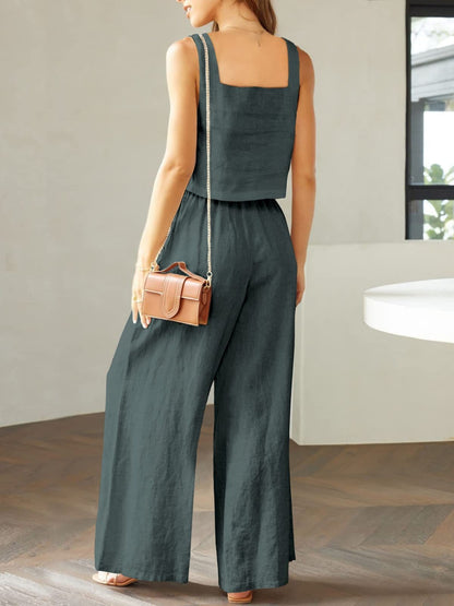 Stylish 2 Piece Square Neck Top and Wide Leg Pants Set