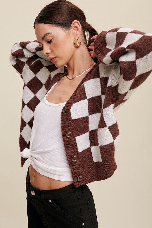 LISTICLE Bold Gingham Sweater Weaved Crop Cardigan