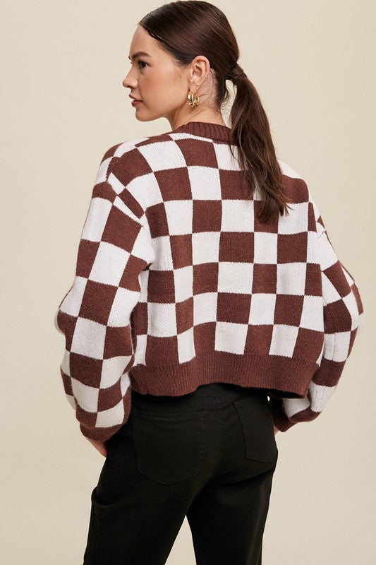 LISTICLE Bold Gingham Sweater Weaved Crop Cardigan