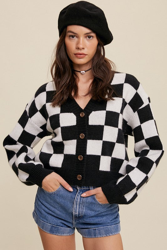 LISTICLE Bold Gingham Sweater Weaved Crop Cardigan