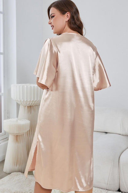 H2J Plus Size Flutter Sleeve V-Neck Side Slit Night Gown