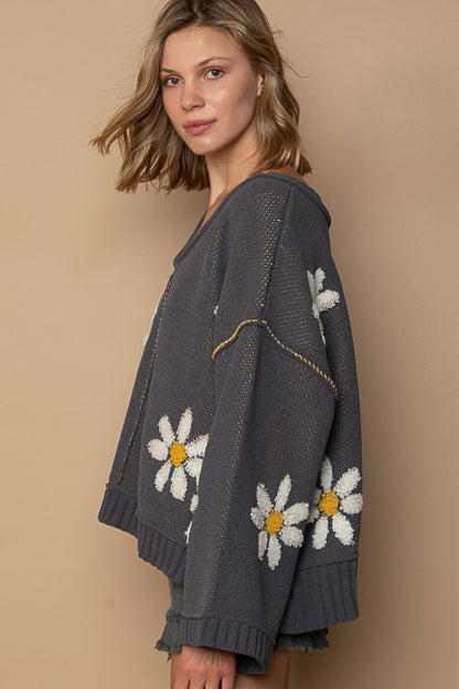 POL Charcoal V-Neck Floral Pattern Chenille Sweater