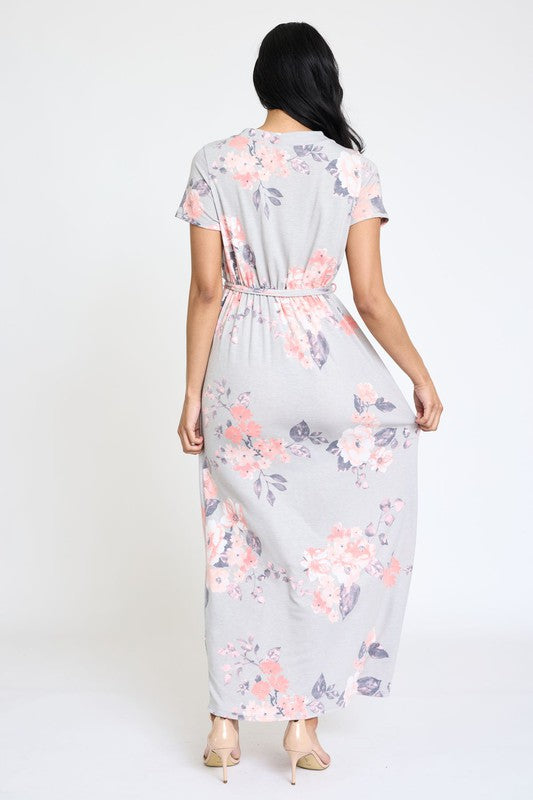 Floral Surplice Bodice Sash Maxi Dress