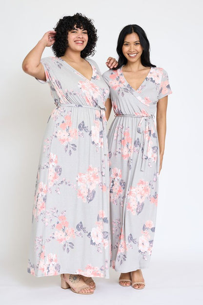 Floral Surplice Bodice Sash Maxi Dress