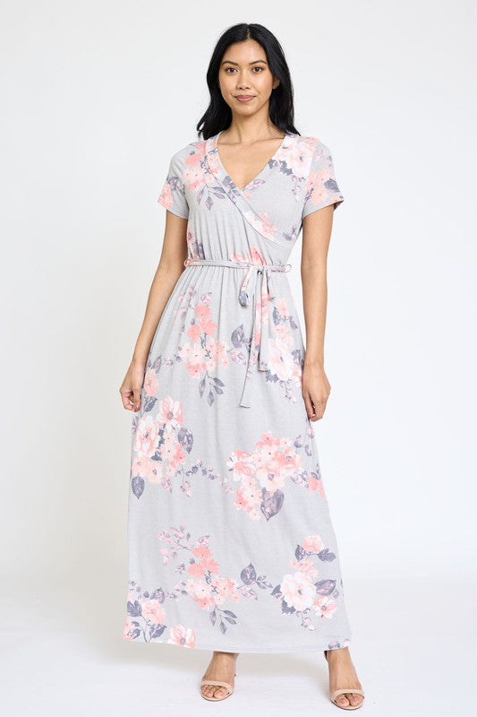 Floral Surplice Bodice Sash Maxi Dress