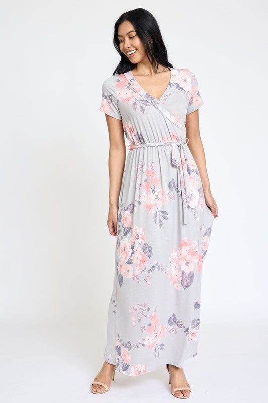 Floral Surplice Bodice Sash Maxi Dress