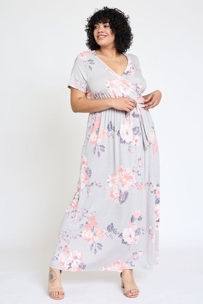 Plus Floral Surplice Bodice Sash Maxi Dress