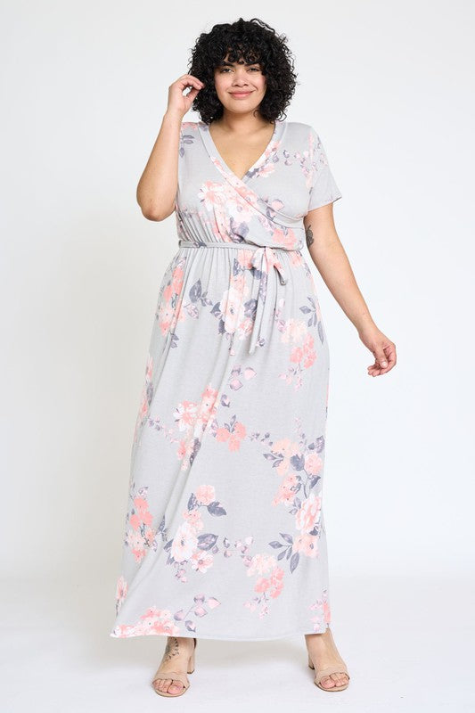 Plus Floral Surplice Bodice Sash Maxi Dress