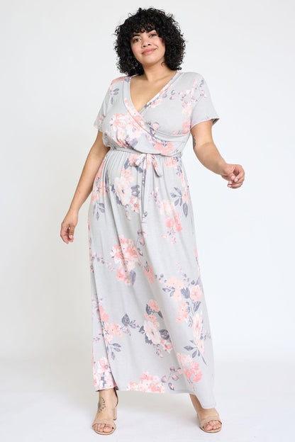 Plus Floral Surplice Bodice Sash Maxi Dress