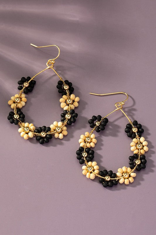 Hand done multi wood beaded flower hoop earrings