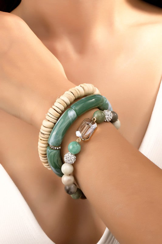 LA3 ACCESSORIES 3-Row Semi-precious Stone & Wooded Bead Bracelets