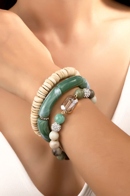 LA3 ACCESSORIES 3-Row Semi-precious Stone & Wooded Bead Bracelets