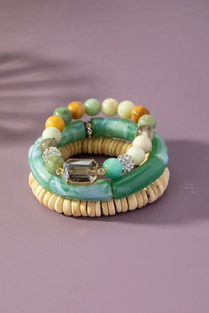 LA3 ACCESSORIES 3-Row Semi-precious Stone & Wooded Bead Bracelets