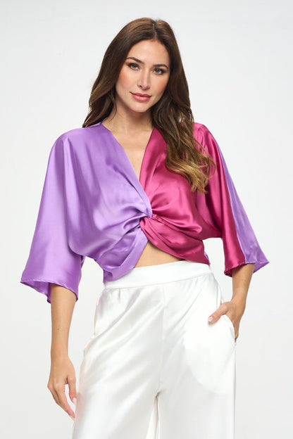 RENEE C. Neon Lavender/Magenta Satin Vibrant Short Sleeve Top with Front Twist