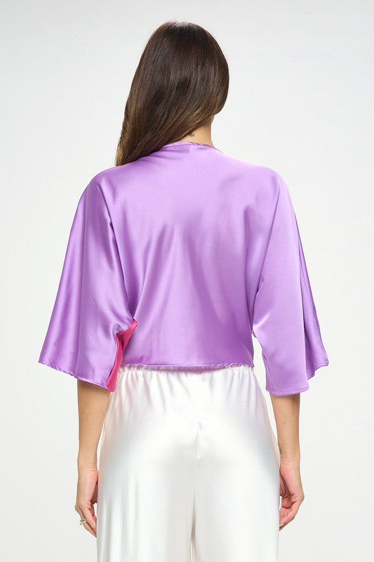 RENEE C. Neon Lavender/Magenta Satin Vibrant Short Sleeve Top with Front Twist