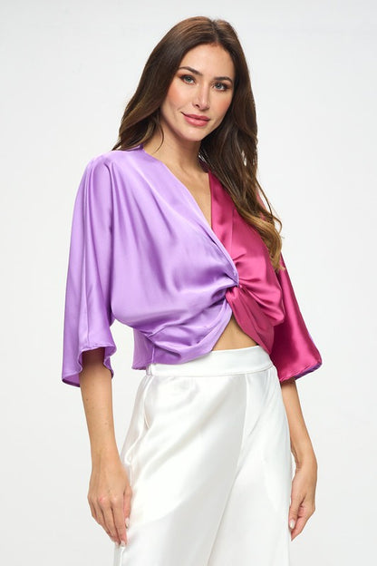 RENEE C. Neon Lavender/Magenta Satin Vibrant Short Sleeve Top with Front Twist