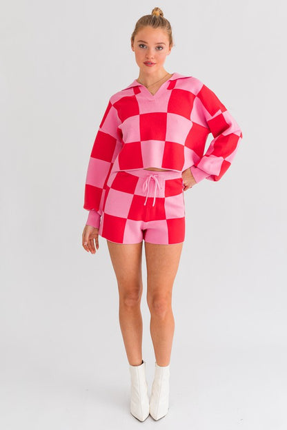 LE LIS Pink Magenta Checkered Sweater Shorts