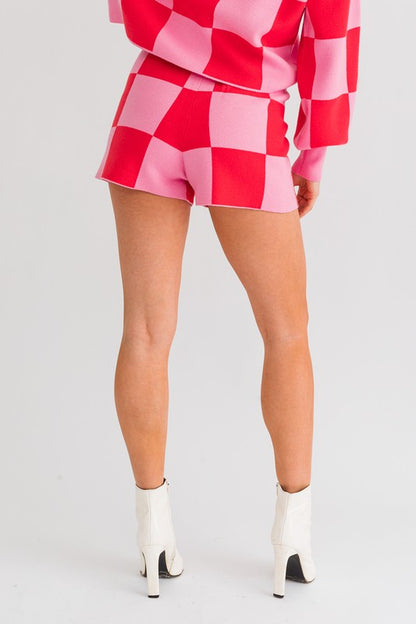 LE LIS Pink Magenta Checkered Sweater Shorts