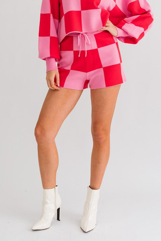 LE LIS Pink Magenta Checkered Sweater Shorts