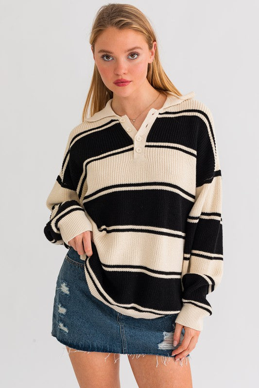 LE LIS Collared Oversized Striped Sweater Top