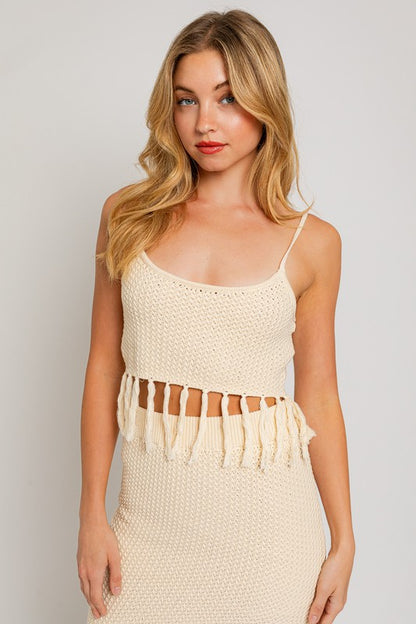 LE LIS Tassel Detail Spaghetti Sweater Crop Top