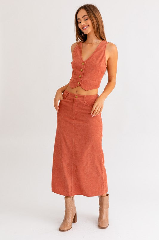 LE LIS Rust Cord Maxi Skirt