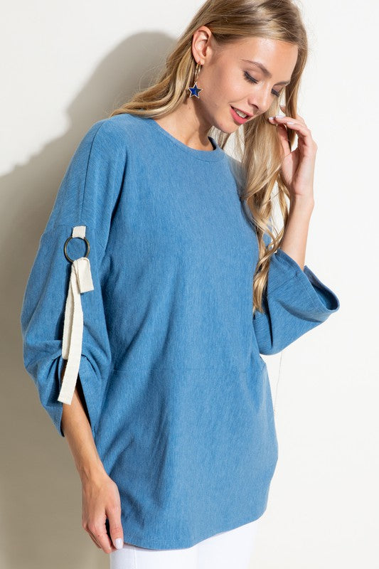 E LUNA Casual Brushed Terry Roll-up Sleeve Top