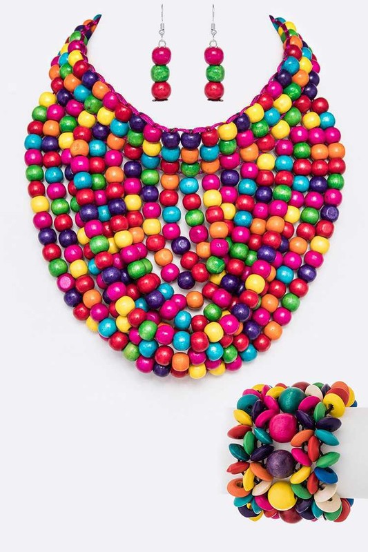 LA JEWELRY Wooden Beads Statement Necklace & Bracelet Set