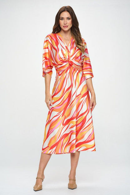 Rene C. Women's Elegant Orange Multi Front Twist Multi Color Print Satin Dress