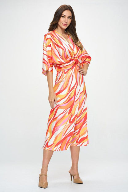 Rene C. Women's Elegant Orange Multi Front Twist Multi Color Print Satin Dress