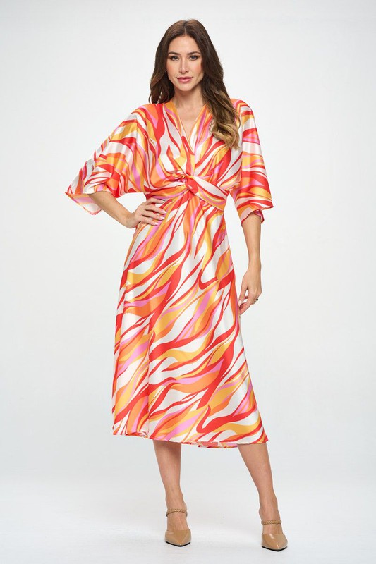 Rene C. Women's Elegant Orange Multi Front Twist Multi Color Print Satin Dress