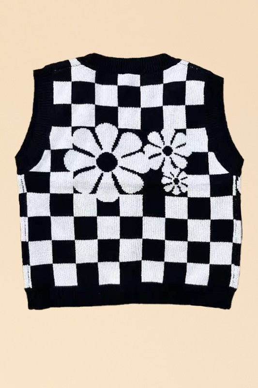 MISS SPARKLING Knitted Intarsia Flower & Checkered Vest