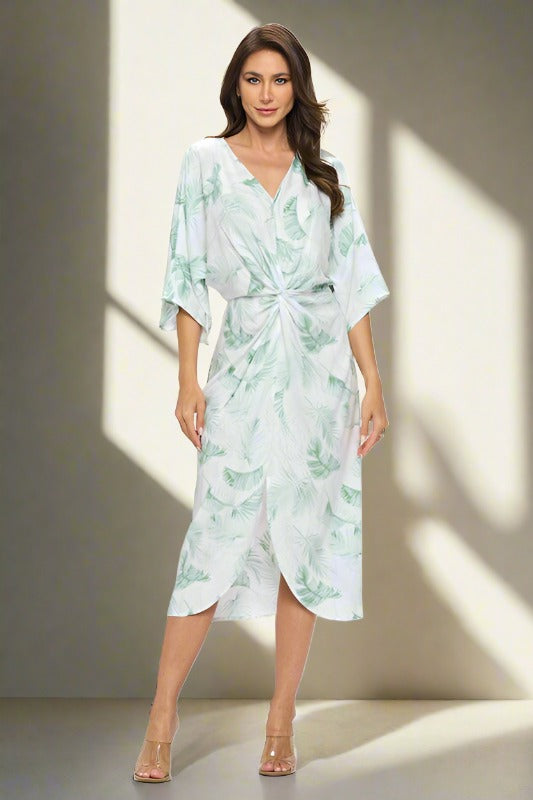 RENEE C. Tropical Leaf Print Kimono Dress with Front Twist