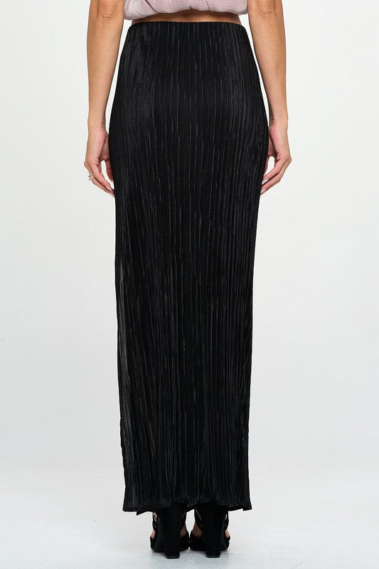 RENEE C. Black Plisse Maxi Skirt with Slit