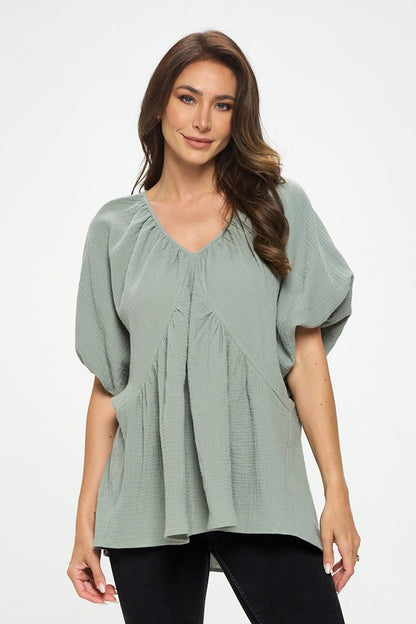 Renee C. Women's Casual Cotton V Neck Tunic Top with Puff Sleeve