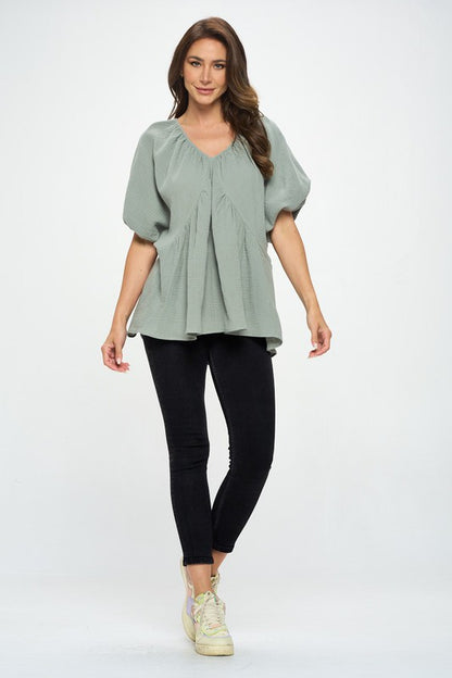 Renee C. Women's Casual Cotton V Neck Tunic Top with Puff Sleeve