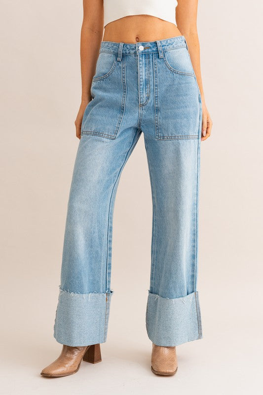 LE LIS High-Waisted Wide Leg Cuffed Light Denim Jeans