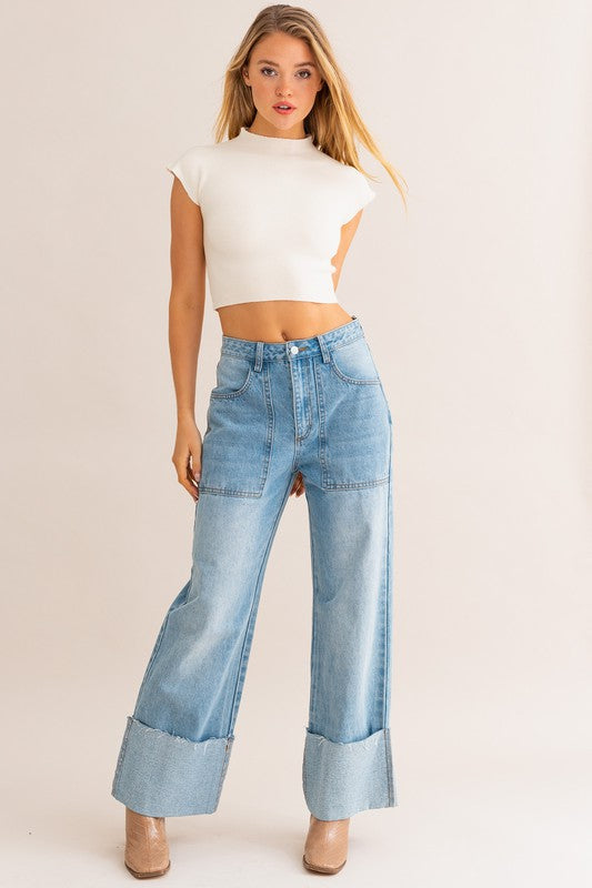 LE LIS High-Waisted Wide Leg Cuffed Light Denim Jeans