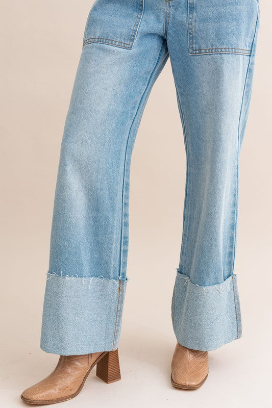 LE LIS High-Waisted Wide Leg Cuffed Light Denim Jeans