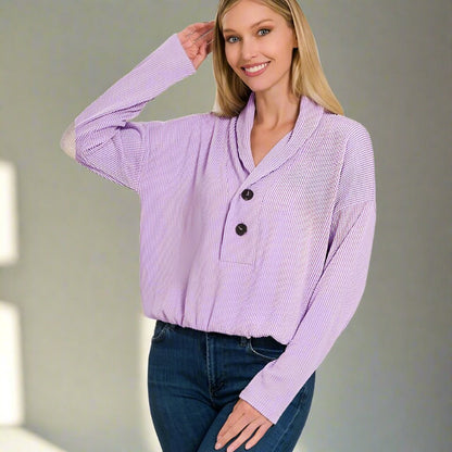 ZENANA Textured Line Elastic Waist Pullover Sweater Top